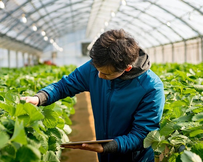 A man in a blue jacket holding a tablet and looking at plants in a greenhouse.