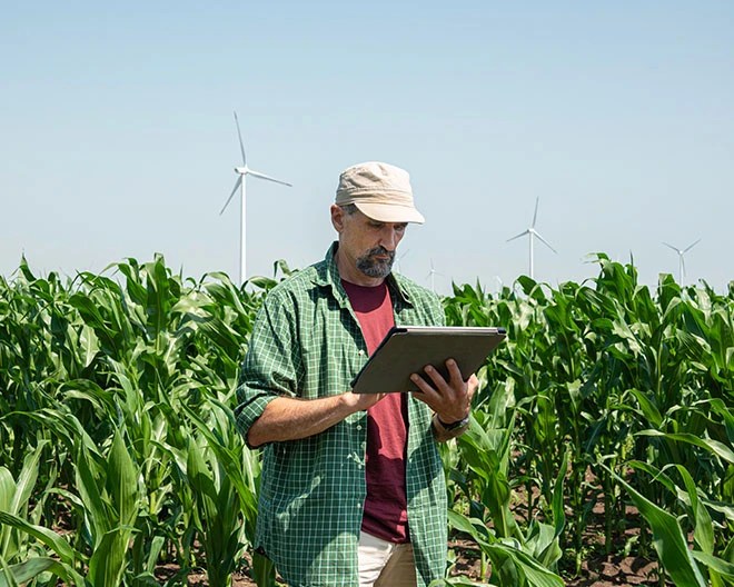 A man in a green button-up shirt and cream hat using a tablet in a crop field, with wind turbines behind him.