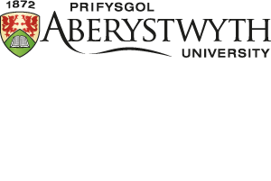 Aberystwyth University logo featuring a heraldic shield with red and gold symbols, alongside a bilingual wordmark in Welsh and English.