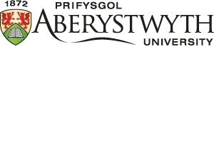 Aberystwyth University logo featuring a heraldic shield with red and gold symbols, alongside a bilingual wordmark in Welsh and English.