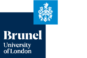Brunel University London logo featuring white serif text on a navy square, with a smaller light blue square containing a white crest tucked behind the top right corner of the navy square.