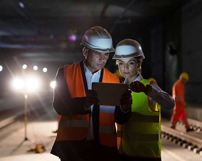 Two construction managers wearing hard hats and high-visibility vests review plans on a tablet inside a dimly lit tunnel project.