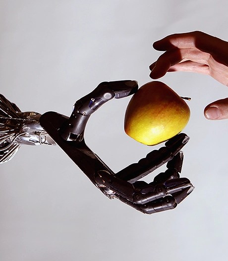 Robot hand and human hand jointly hold an apple, symbolising collaboration between AI and people.