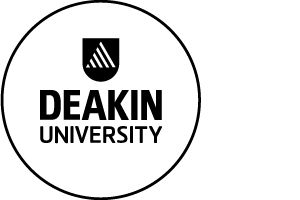 Deakin University logo featuring a white circle with black outline enclosing a black shield with a triangular icon above the bold word ‘Deakin’ and ‘University’ in sans-serif font below.