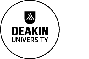 Deakin University logo featuring a white circle with black outline enclosing a black shield with a triangular icon above the bold word ‘Deakin’ and ‘University’ in sans-serif font below.