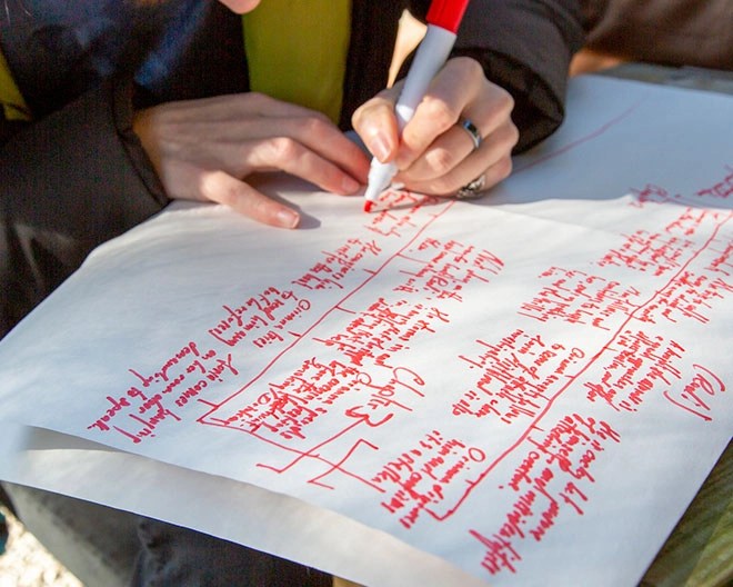 Close-up of a hand writing calligraphy with a red marker on large white paper.