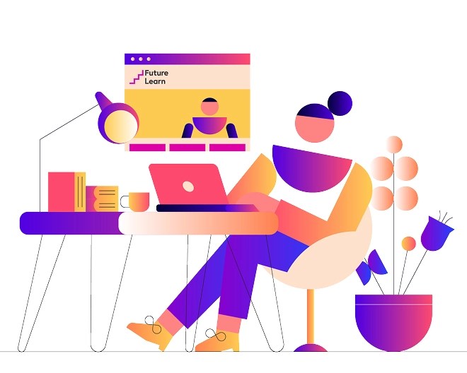 Colourful geometric illustration of a seated learner using a laptop at a desk, watching a FutureLearn video on screen.