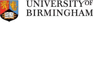 University of Birmingham logo displaying a traditional red, gold, and blue heraldic crest beside a black serif wordmark.