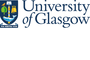 University of Glasgow logo displaying a traditional blue coat of arms with heraldic symbols, accompanied by a classic blue serif wordmark.