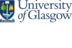 University of Glasgow logo displaying a traditional blue coat of arms with heraldic symbols, accompanied by a classic blue serif wordmark.