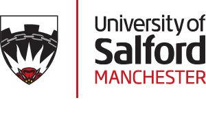 University of Salford Manchester logo featuring clean black text alongside a minimalist red stylized shield element.