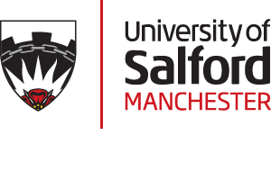 University of Salford Manchester logo featuring clean black text alongside a minimalist red stylized shield element.