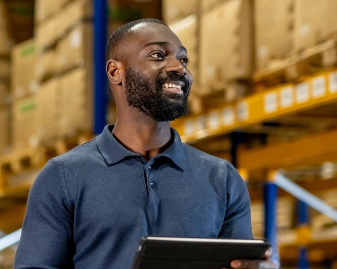 man in a warehouse smiling