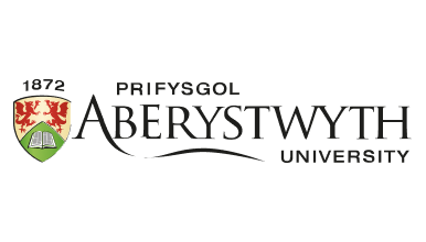 Aberystwyth University logo featuring a heraldic shield with red and gold symbols, alongside a bilingual wordmark in Welsh and English.