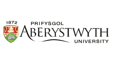 Aberystwyth University logo featuring a heraldic shield with red and gold symbols, alongside a bilingual wordmark in Welsh and English.
