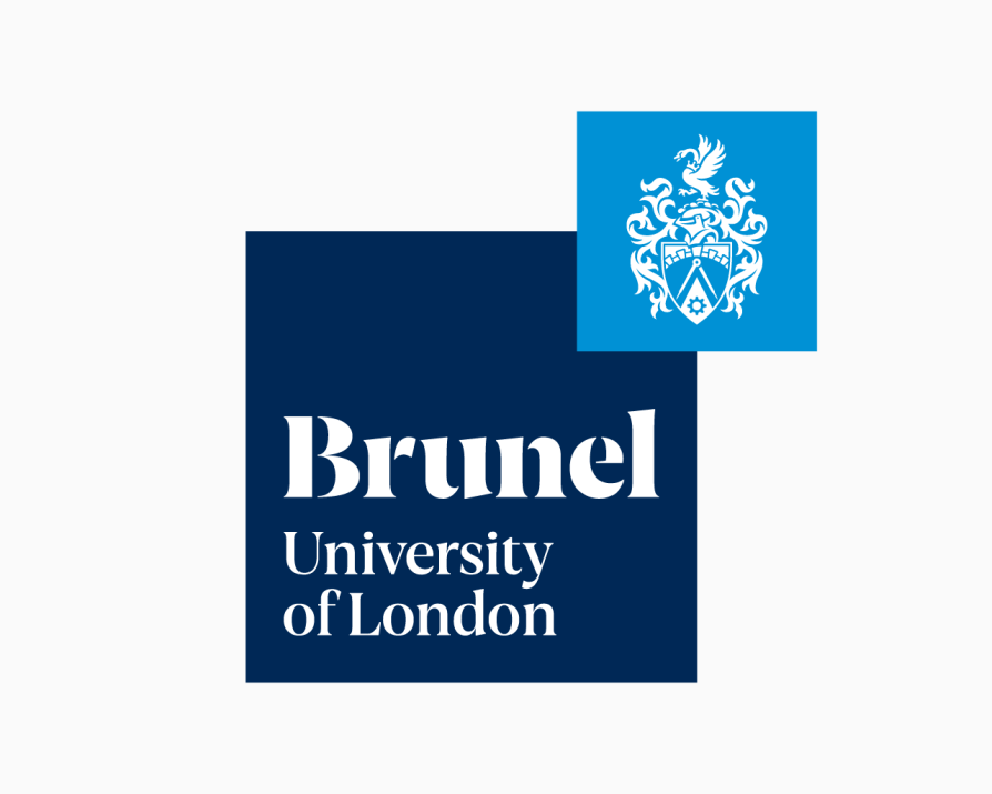 Brunel University London logo featuring white serif text on a navy square, with a smaller light blue square containing a white crest tucked behind the top right corner of the navy square.