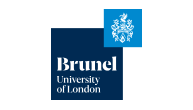 Brunel University London logo featuring white serif text on a navy square, with a smaller light blue square containing a white crest tucked behind the top right corner of the navy square.