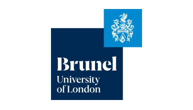 Brunel University London logo featuring white serif text on a navy square, with a smaller light blue square containing a white crest tucked behind the top right corner of the navy square.