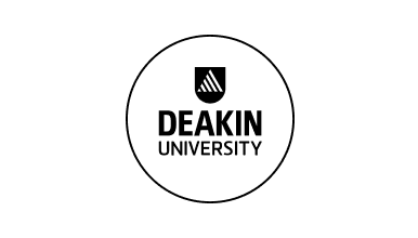 Deakin University logo featuring a white circle with black outline enclosing a black shield with a triangular icon above the bold word ‘Deakin’ and ‘University’ in sans-serif font below.