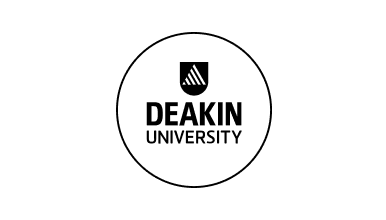 Deakin University logo featuring a white circle with black outline enclosing a black shield with a triangular icon above the bold word ‘Deakin’ and ‘University’ in sans-serif font below.