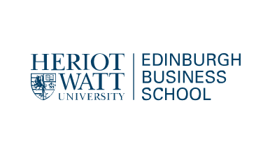 Logo for Heriot‑Watt University | Edinburgh Business School with blue shield crest and serif lettering.