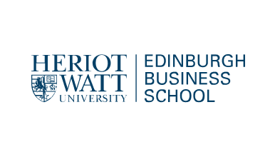 Logo for Heriot‑Watt University | Edinburgh Business School with blue shield crest and serif lettering.