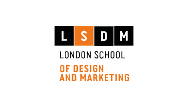 London School of Design and Marketing logo featuring the white initials ‘LSDM’ each placed individually on alternating black and orange rectangular blocks arranged horizontally.