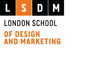 London School of Design and Marketing logo featuring the white initials ‘LSDM’ each placed individually on alternating black and orange rectangular blocks arranged horizontally.