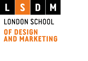 London School of Design and Marketing logo featuring the white initials ‘LSDM’ each placed individually on alternating black and orange rectangular blocks arranged horizontally.