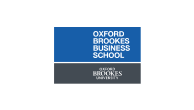 Oxford Brookes Business School logo with white all-caps sans-serif text on a larger blue rectangular block above a smaller grey rectangle containing the Oxford Brookes University logo.
