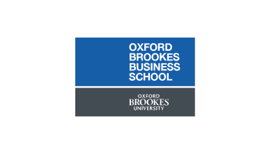 Oxford Brookes Business School logo with white all-caps sans-serif text on a larger blue rectangular block above a smaller grey rectangle containing the Oxford Brookes University logo.