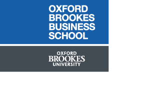 Oxford Brookes Business School logo with white all-caps sans-serif text on a larger blue rectangular block above a smaller grey rectangle containing the Oxford Brookes University logo.