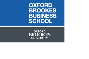 Oxford Brookes Business School logo with white all-caps sans-serif text on a larger blue rectangular block above a smaller grey rectangle containing the Oxford Brookes University logo.