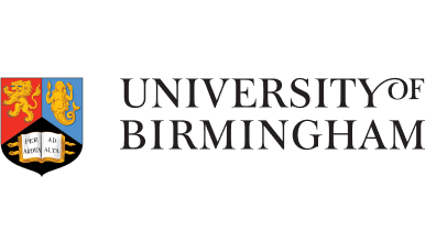 University of Birmingham logo displaying a traditional red, gold, and blue heraldic crest beside a black serif wordmark.