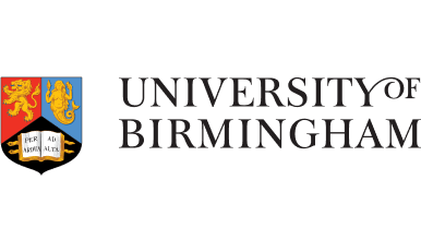 University of Birmingham logo displaying a traditional red, gold, and blue heraldic crest beside a black serif wordmark.