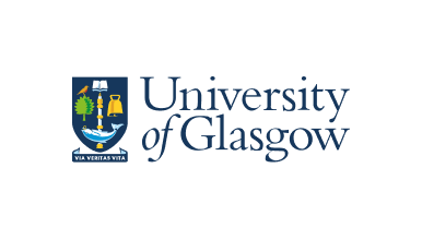University of Glasgow logo displaying a traditional blue coat of arms with heraldic symbols, accompanied by a classic blue serif wordmark.