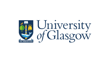 University of Glasgow logo displaying a traditional blue coat of arms with heraldic symbols, accompanied by a classic blue serif wordmark.