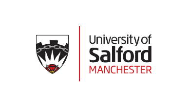 University of Salford Manchester logo featuring clean black text alongside a minimalist red stylized shield element.