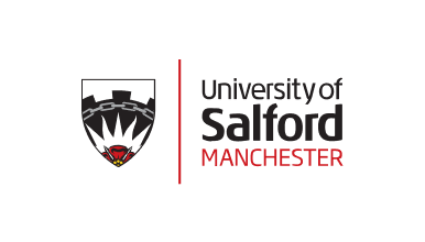 University of Salford Manchester logo featuring clean black text alongside a minimalist red stylized shield element.