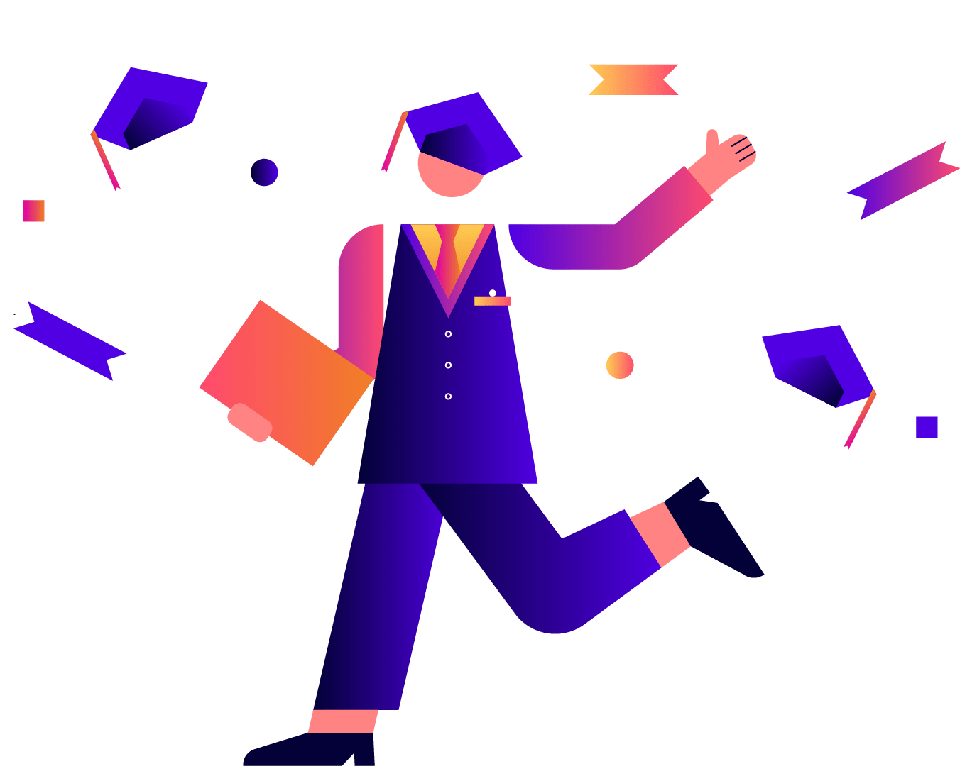 Playful geometric illustration of a graduate in cap and gown leaping with a diploma, surrounded by flying mortarboards and confetti, in vibrant purple, pink, and orange gradients.