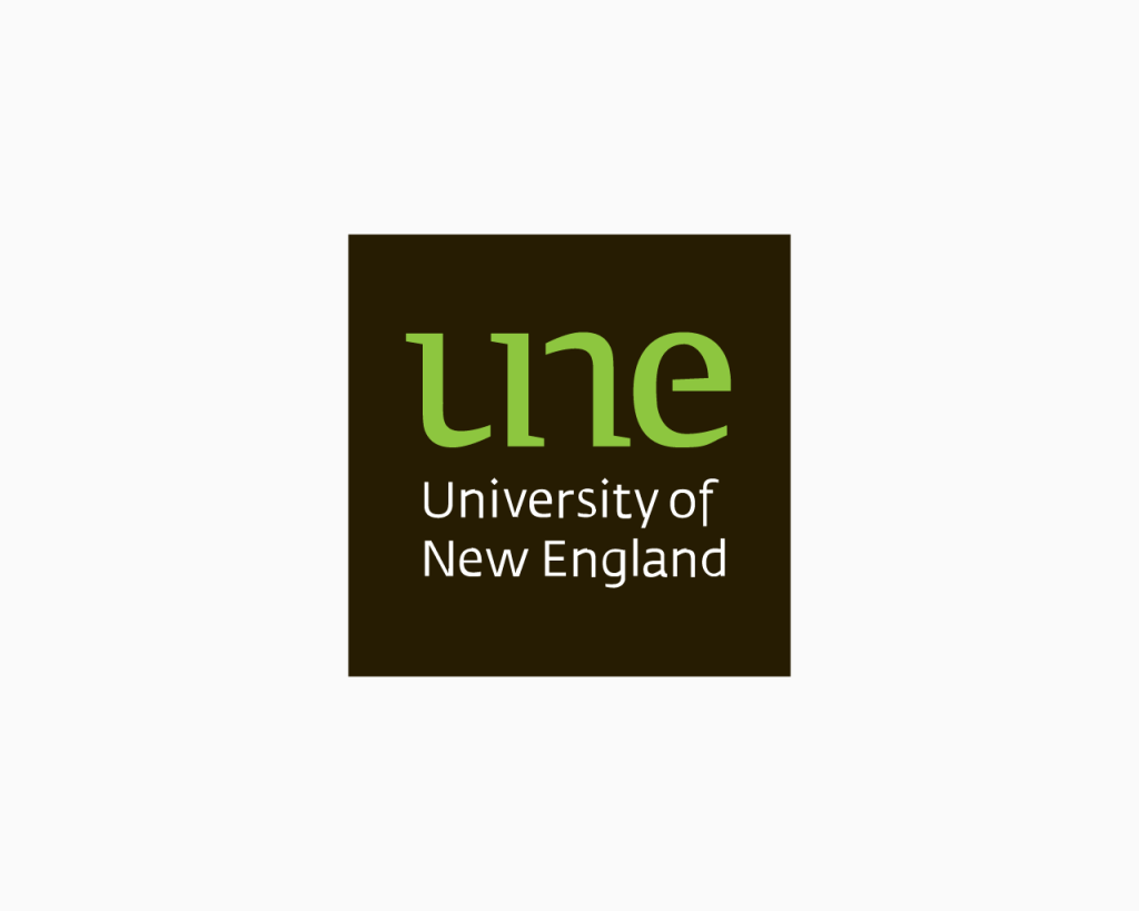 University of New England logo with the letters 'une' in green lowercase font above the text 'University of New England' in white on a dark background.