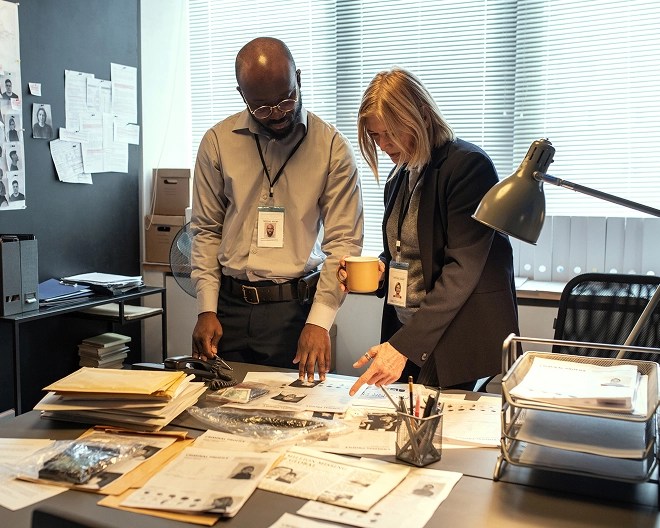 Two investigators wearing badges stand over a desk, examining and assessing evidence during an investigation.