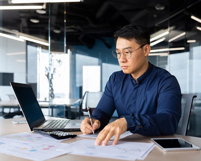 Focused man in a navy shirt working at a desk with documents, a laptop, tablet, and calculator in a glass-walled office, analysing data and taking notes.