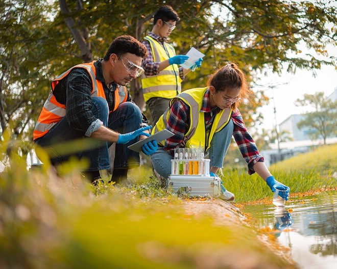 Three young environmental scientists crouch down and take samples from a stream outside.