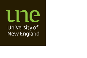 University of New England logo with the letters 'une' in green lowercase font above the text 'University of New England' in white on a dark background.