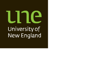 University of New England logo with the letters 'une' in green lowercase font above the text 'University of New England' in white on a dark background.