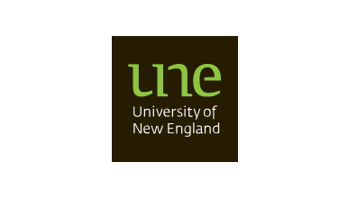 University of New England logo with the letters 'une' in green lowercase font above the text 'University of New England' in white on a dark background.