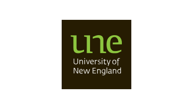 University of New England logo with the letters 'une' in green lowercase font above the text 'University of New England' in white on a dark background.