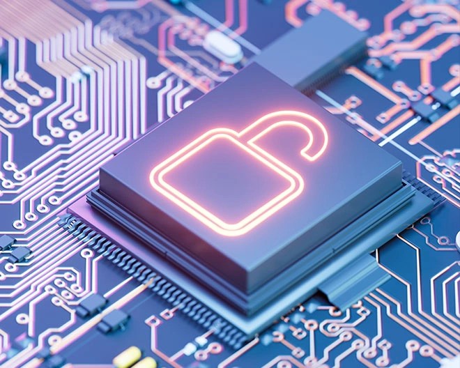 graphic image of a button with a lock sign on a circuit board in in purple, pink, and blue colours