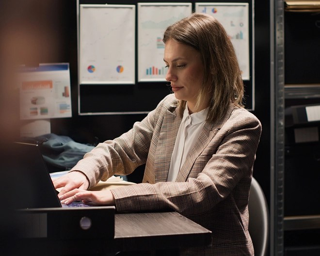 Person in a plaid blazer works on a laptop at a desk surrounded by documents and a bag, with charts and graphs on the wall suggesting business or data analysis tasks.